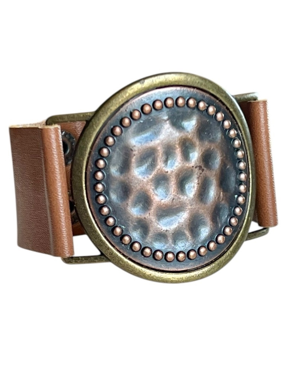 Unbranded Brown Leather & Copper Hammered Cuff Bracelet